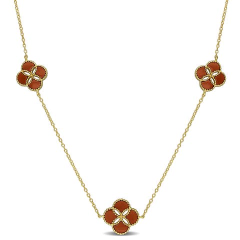 Carnelian Floral Station Necklace Yellow Plated Silver