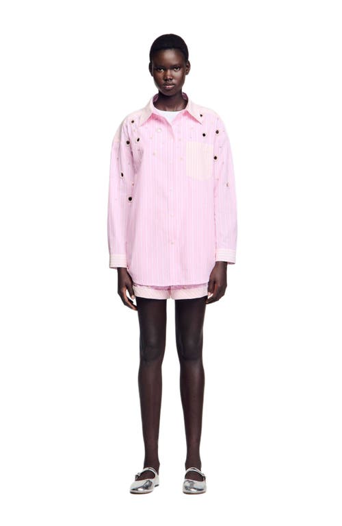 Sandro Womens Roses Embellished Striped Cotton Shirt In Pink