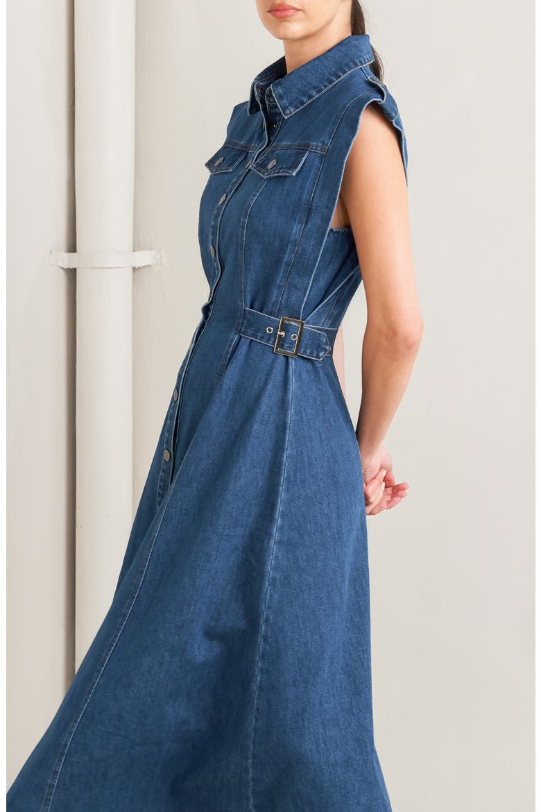 Buckle Tab Denim Fit & Flare Midi Dress, Alternate, color, DENIM