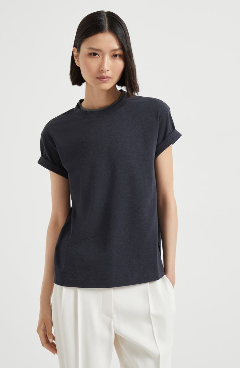 Brunello Cucinelli T-shirt with Precious Faux Layering, Alternate, color, Anthracite
