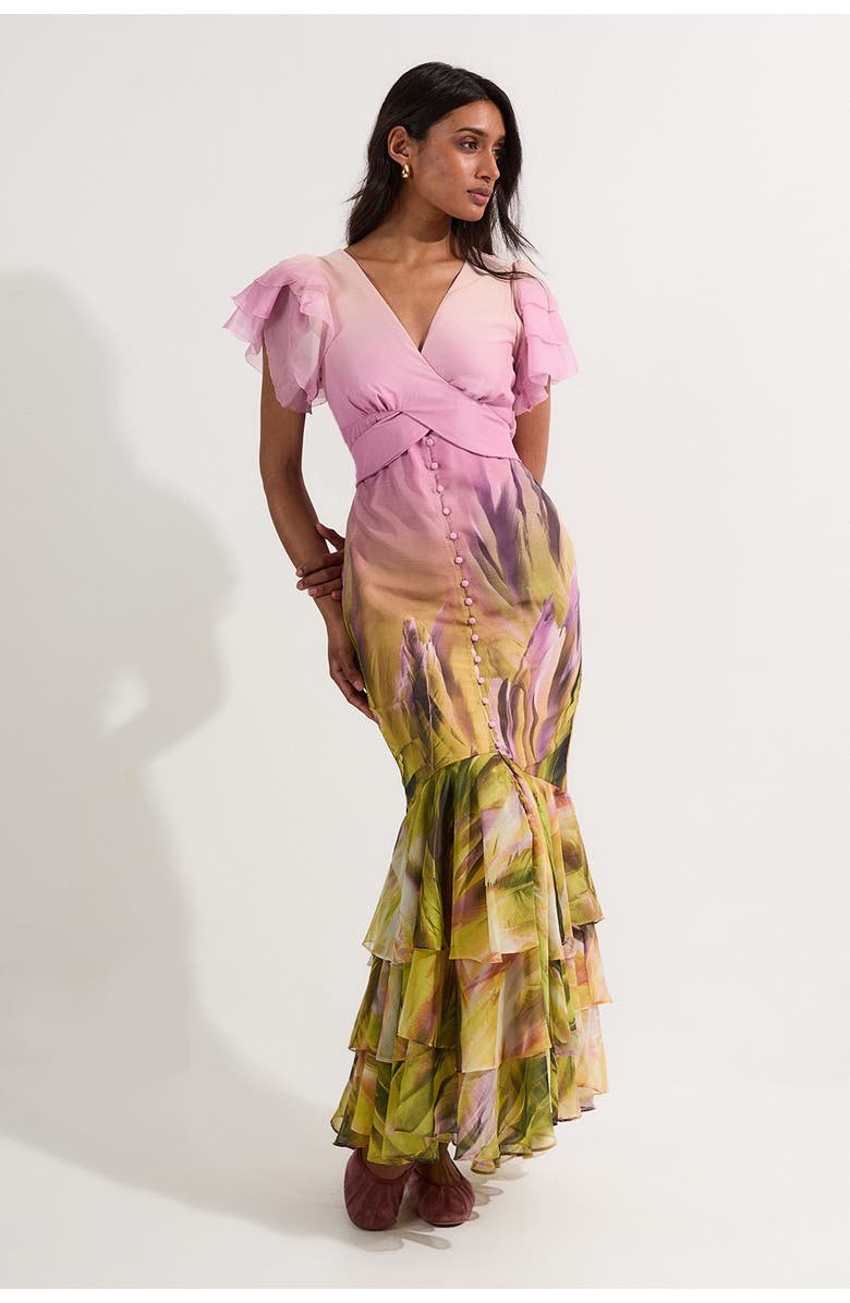 Karen Millen Button Through Ruffle Sleeve Maxi Dress, Main, color, Lilac