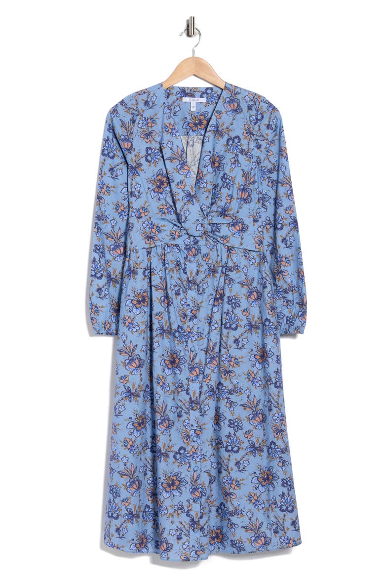 Valerie Twist Front Long Sleeve Cotton Dress, Alternate, color, DENIM BLUE MULTI
