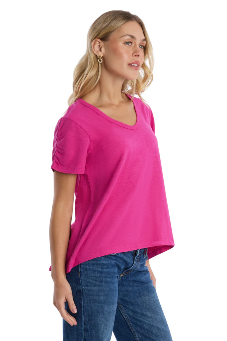 Deep V-Neck Ruched Sleeve Tee, Alternate, color, Rose Violet