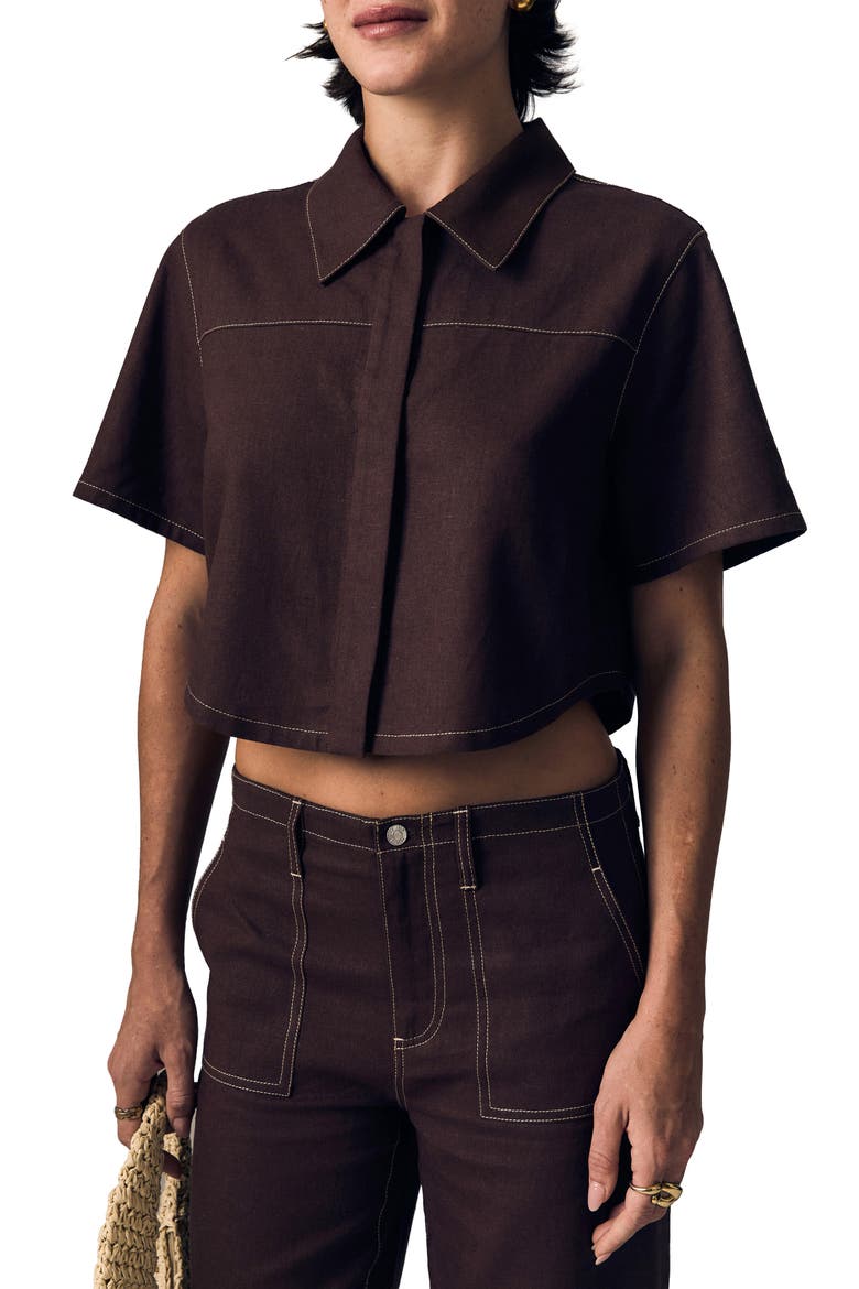 Short Sleeve Swing Linen Button-Up Shirt, Main, color, COCOA