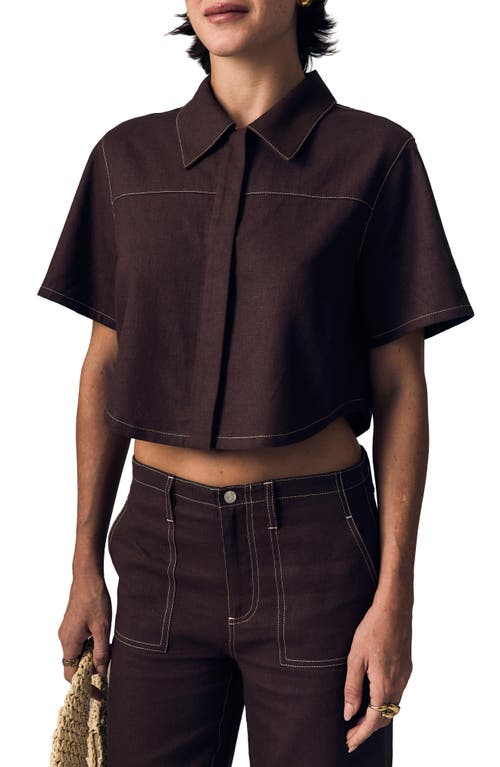 Le Jean Short Sleeve Swing Linen Button-up Shirt In Brown