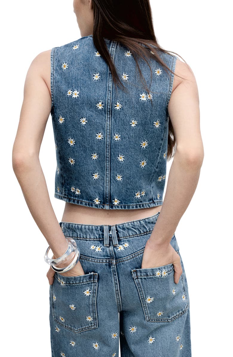 MANGO Massy Daisy Embroidered Denim Crop Vest, Alternate, color, Medium Blue