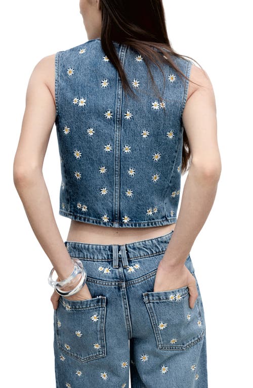 Mango Massy Daisy Embroidered Denim Crop Vest In Medium Blue