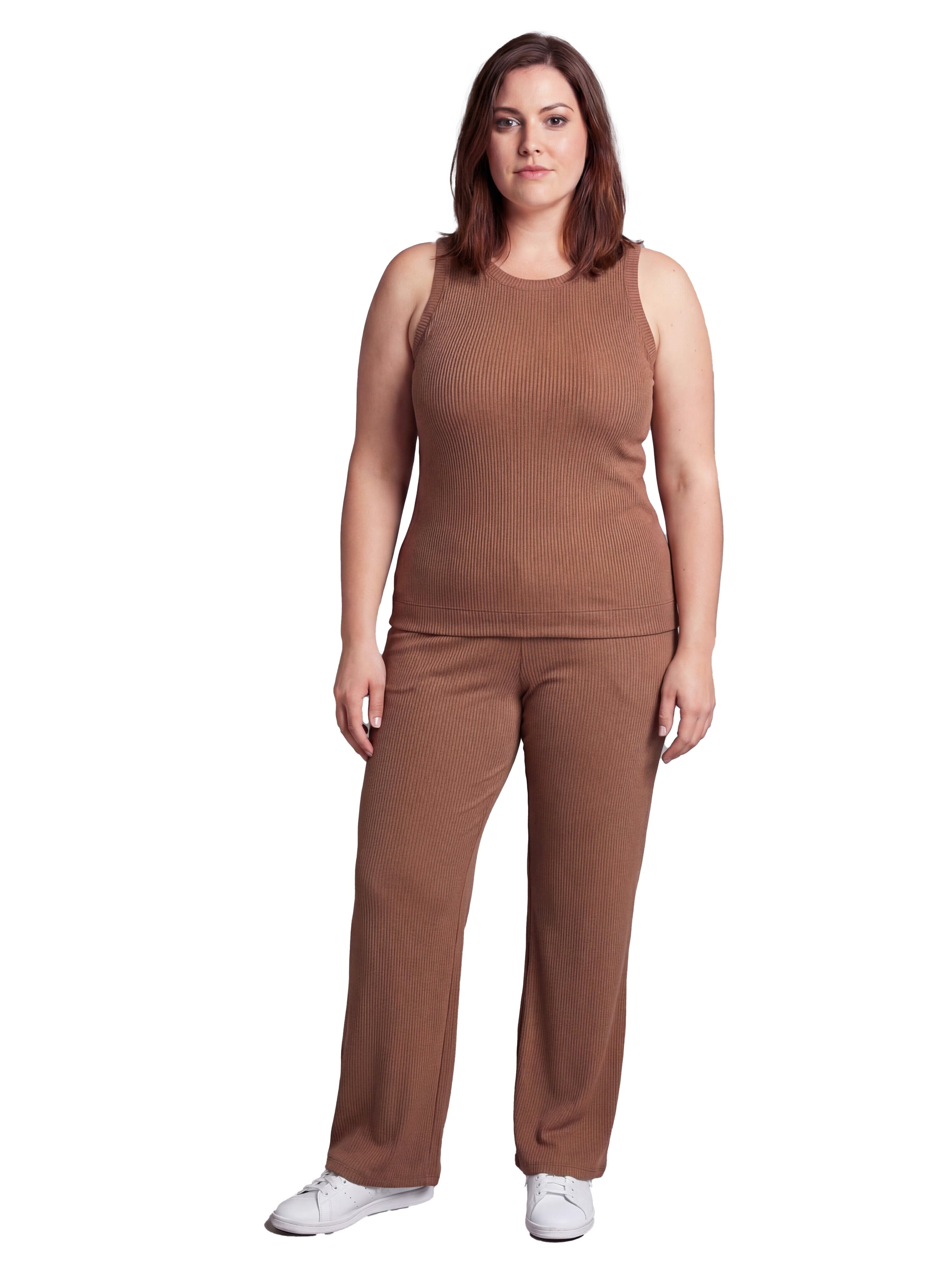 Curvy Basic Ribbed Knit Tank Top and Elastic Waist Wide Leg Pant Set - image 3