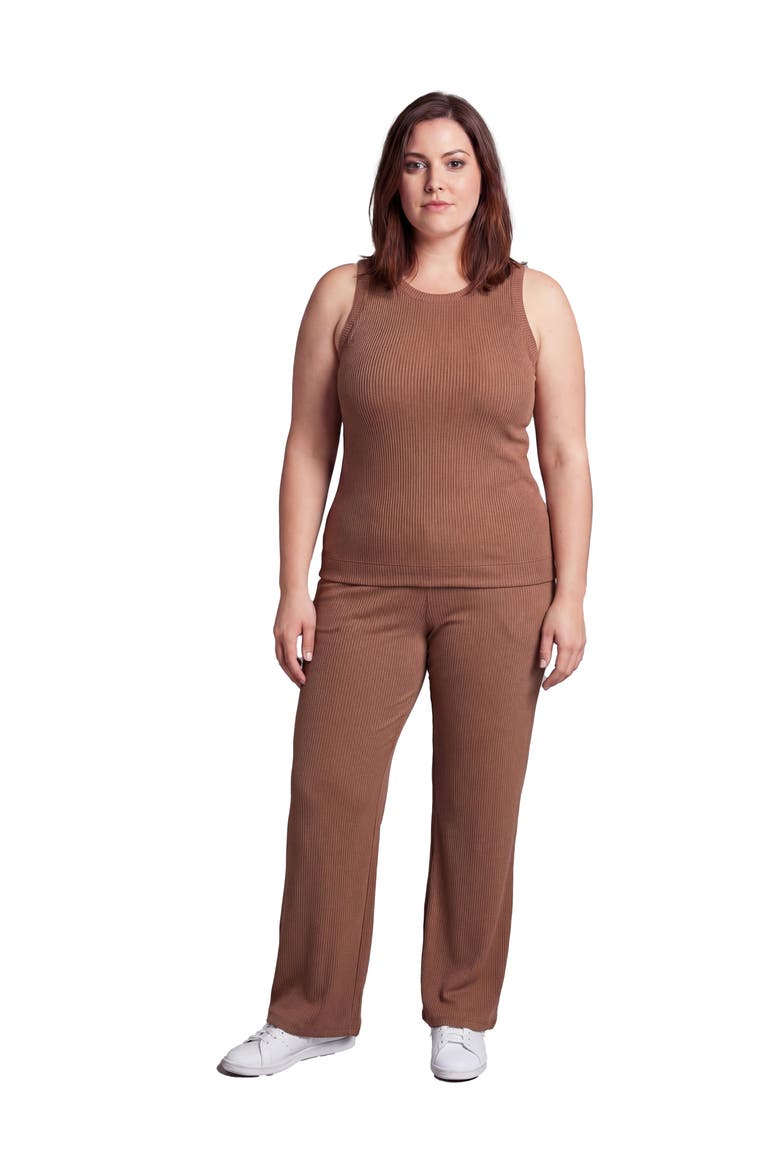 Curvy Basic Ribbed Knit Tank Top and Elastic Waist Wide Leg Pant Set, Main, color, Mocha