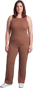 24seven Comfort Apparel Curvy Basic Ribbed Knit Tank Top and Elastic Waist Wide Leg Pant Set
