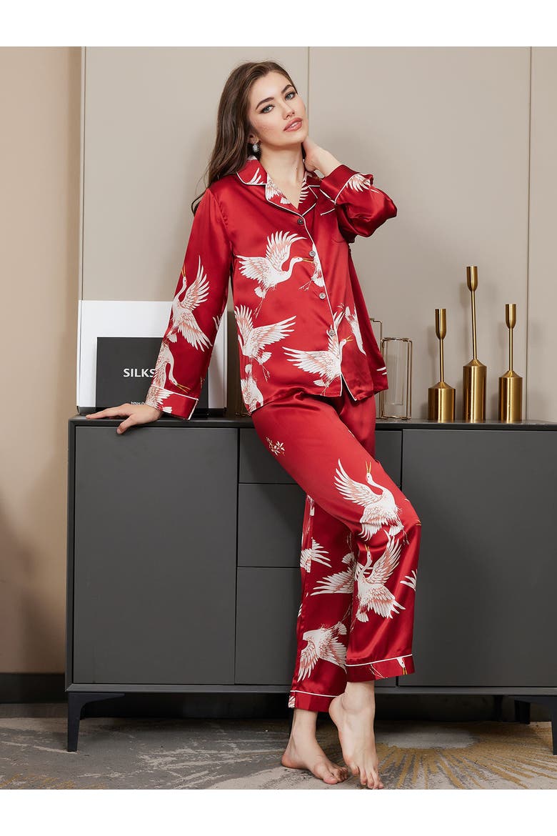 19Momme Pure Silk Printed Classic Binding Trim Womens Pajama set, Alternate, color, DarkRed