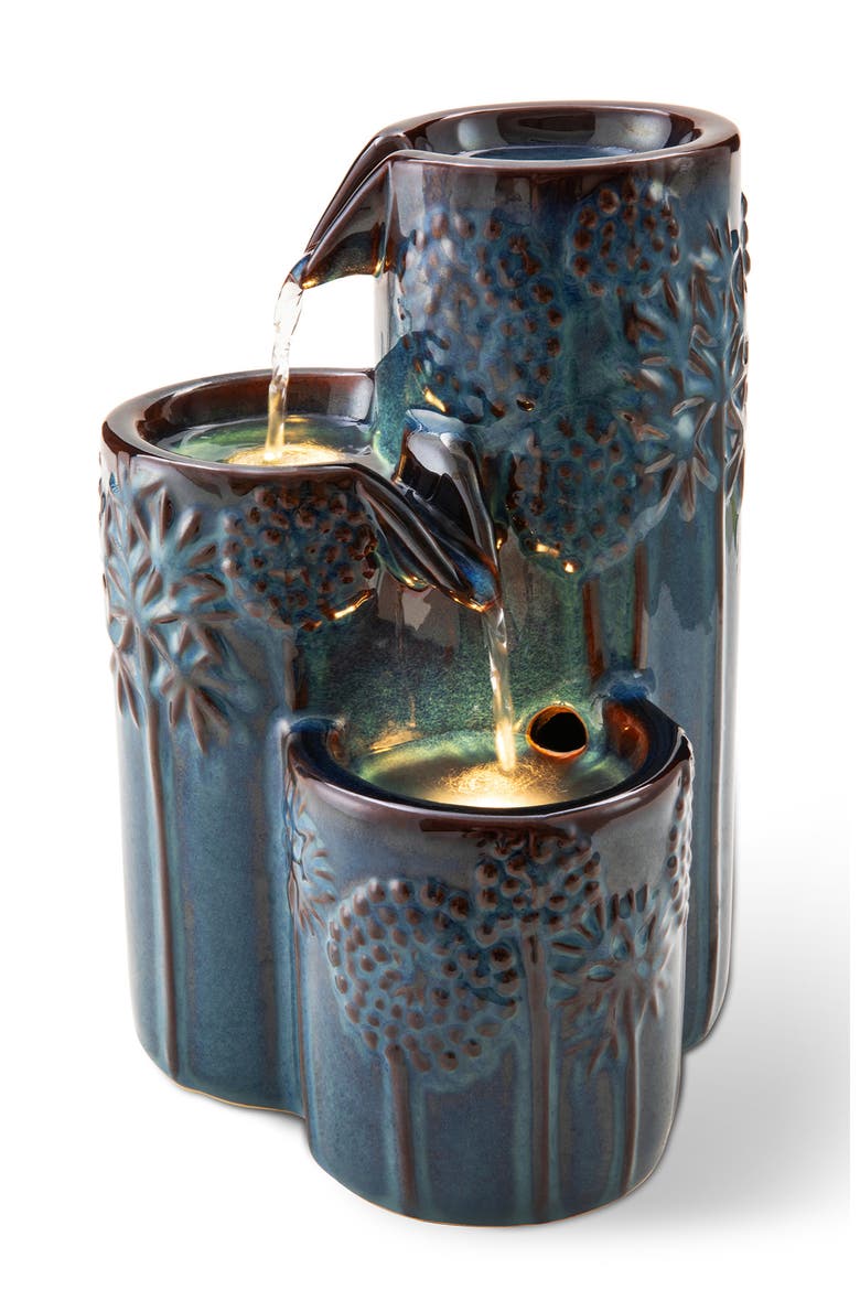 3-Tier Turquoise Ceramic Tabletop Fountain with Pump and 2PCS LED lights, Main, color, Blue