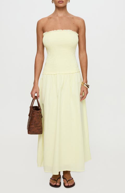 Tinsie Strapless Smocked Cotton & Linen Maxi Dress