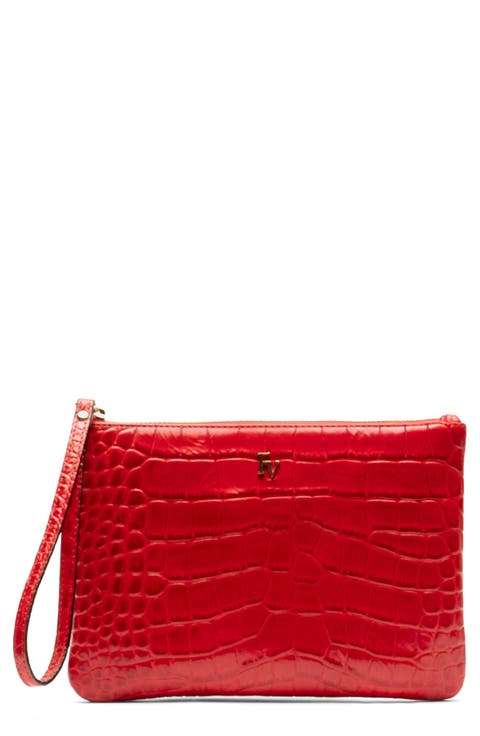 Croc Embossed Leather Wristlet