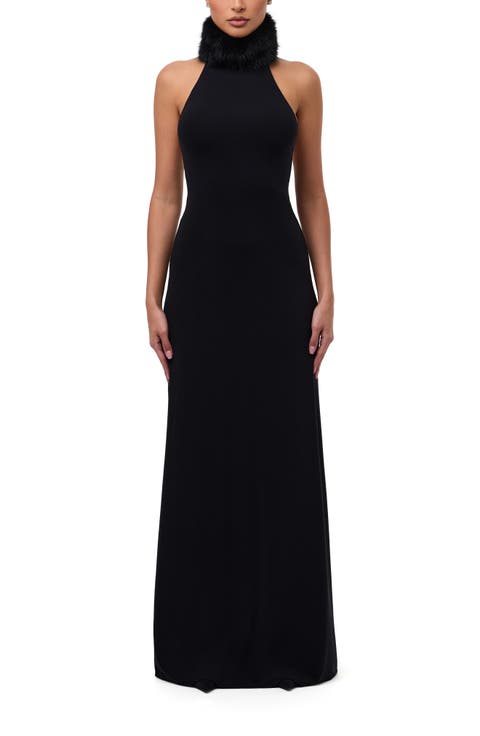 Halter Dress with Removable Faux Fur Collar