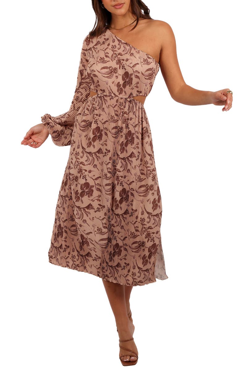 Petal & Pup Wren Floral Pleated Cutout One-Shoulder Midi Dress, Main, color, Wild Orchid