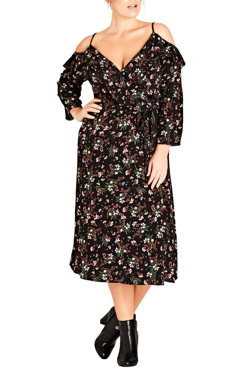 City Chic Pretty Floral Cold Shoulder Wrap Dress, Main, color, 