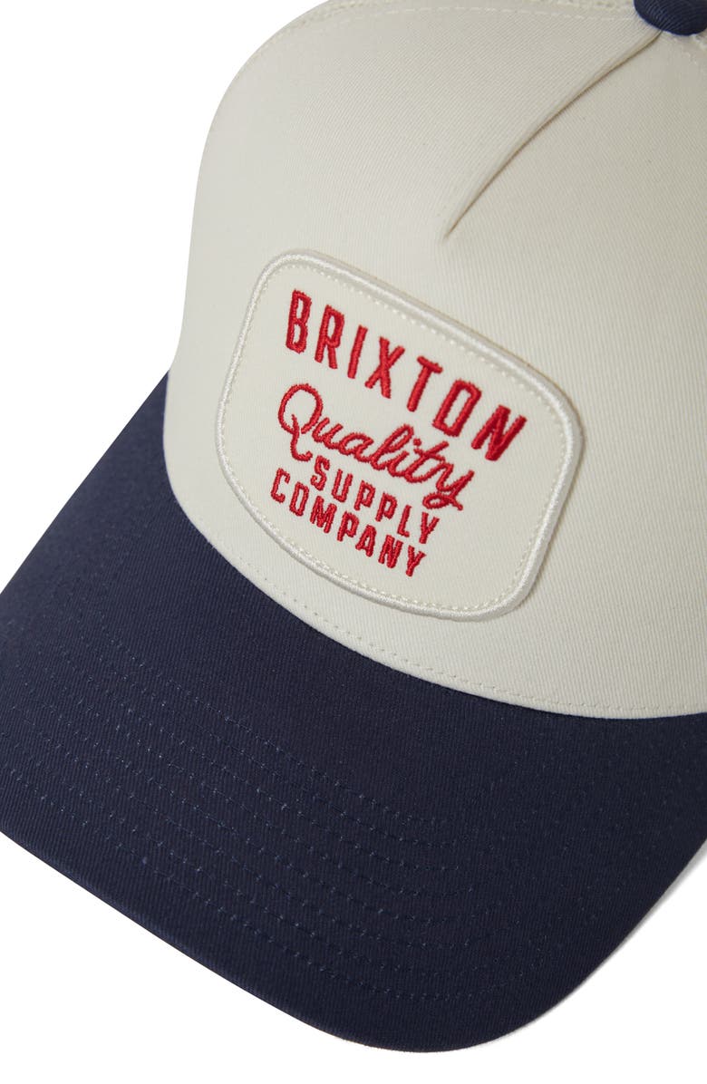 Brixton Hubal Netplus<sup>®</sup> Embroidered Logo Patch Snapback Trucker Hat, Alternate, color, Off White/ Midnight Blue