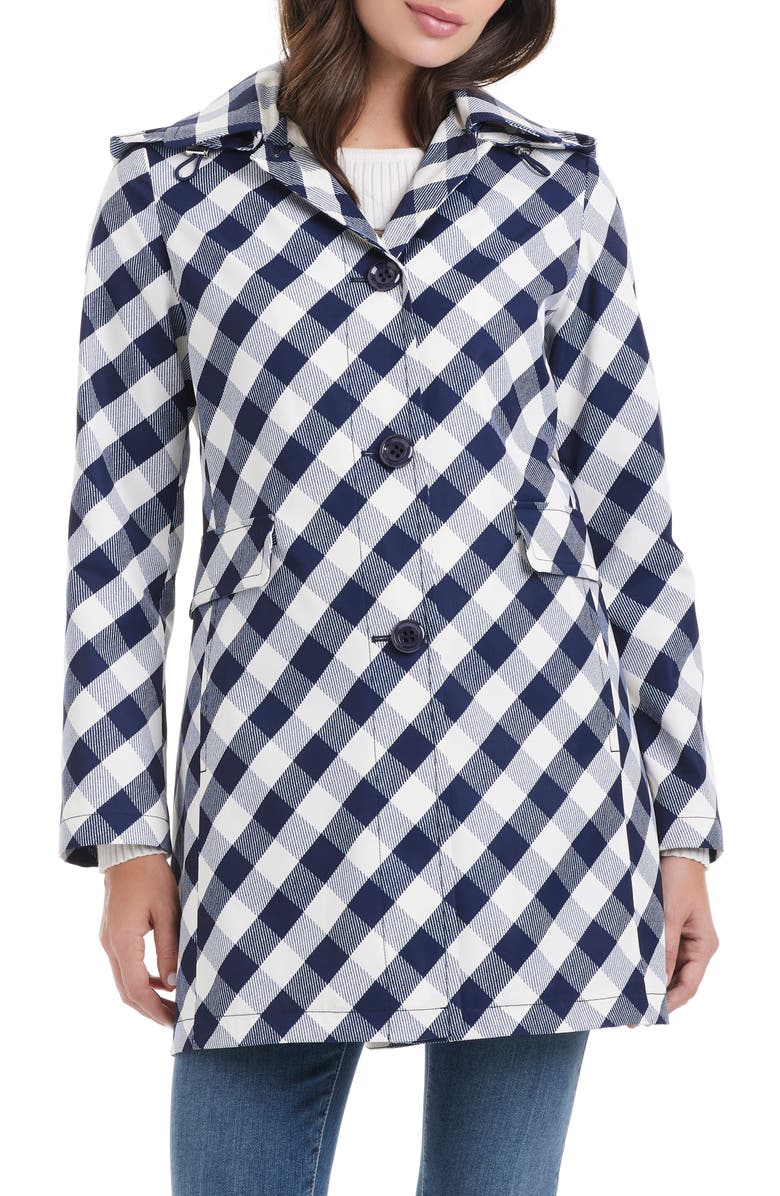 Kate Spade New York water resistant gingham print hooded rain coat, Main, color,