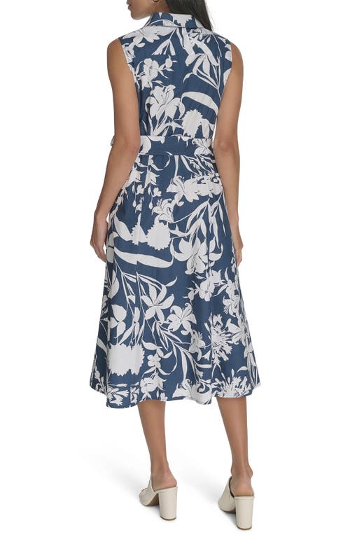 Calvin Klein Floral Sleeveless Cotton Shirtdress In Indigo Multi