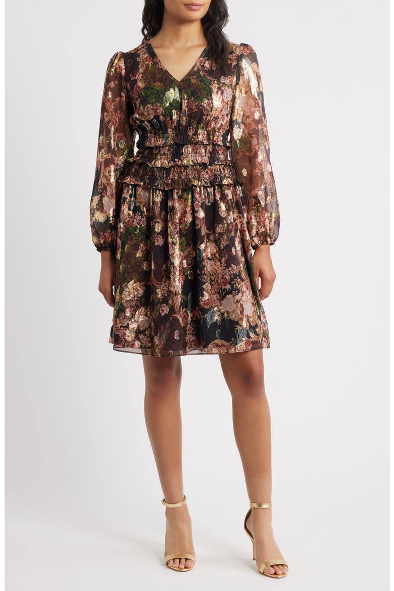 Metallic Floral Long Sleeve Dress, Main, color, BLACK MULTI