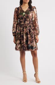Eliza J Metallic Floral Long Sleeve Dress