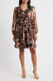 Eliza J Metallic Floral Long Sleeve Dress