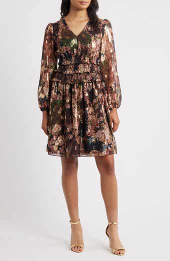 Eliza J Metallic Floral Long Sleeve Dress