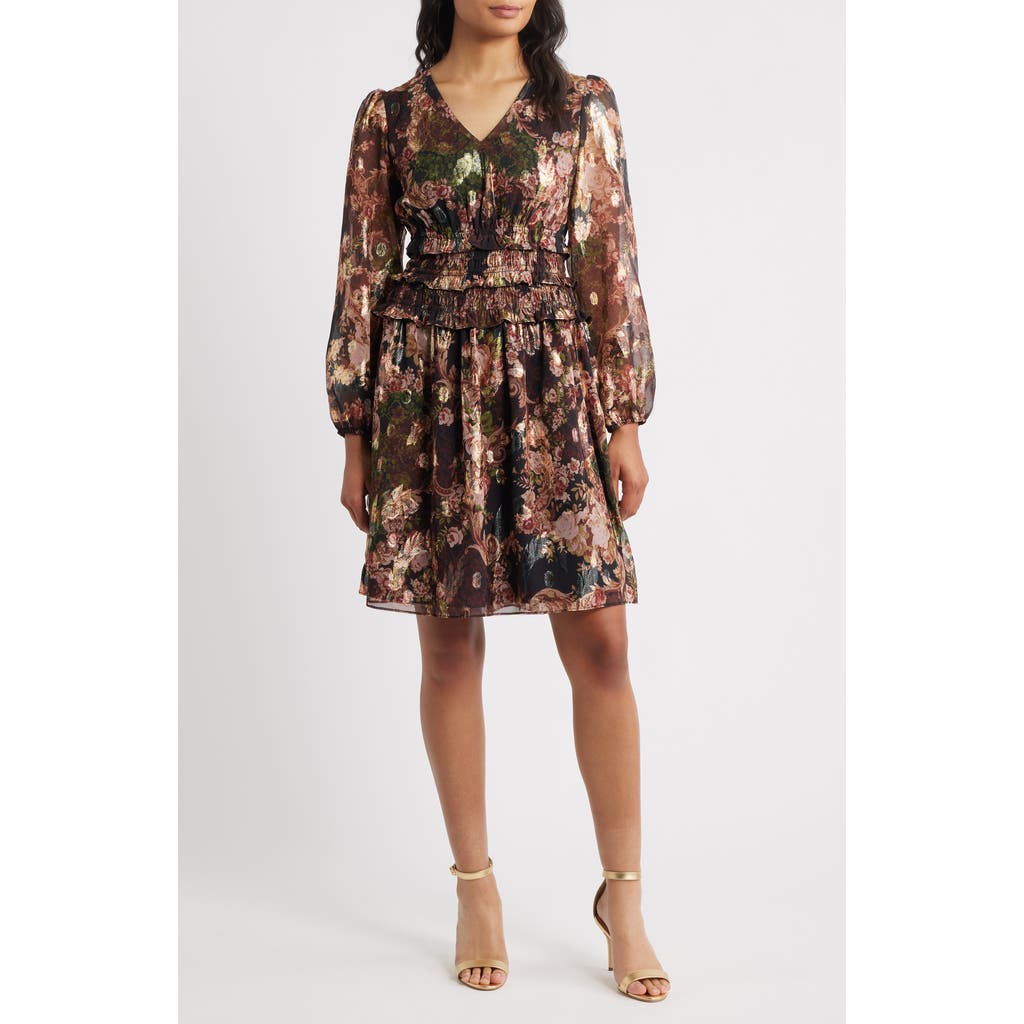Eliza J Metallic Floral Long Sleeve Dress In Brown