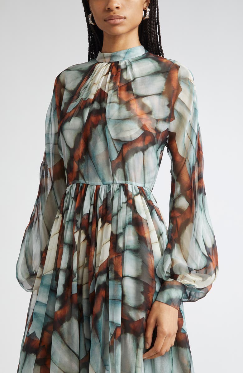 Oscar de la Renta Butterfly Print Long Sleeve Silk Chiffon Gown, Alternate, color, Blue Multi