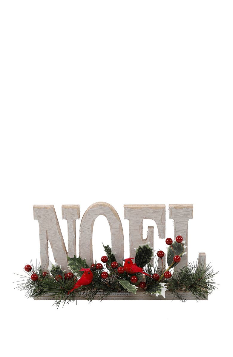 FLORA BUNDA 12" L Noel Sign W Cardinal Berries, Main, color, White