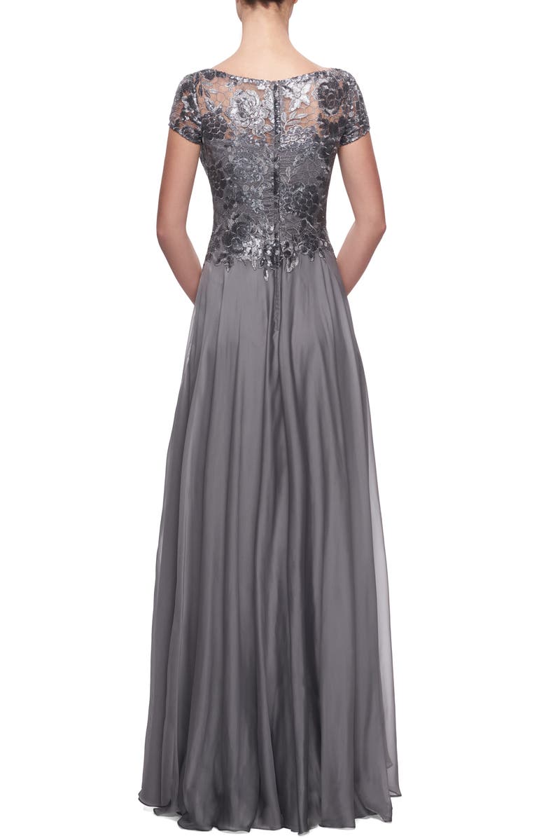 La Femme Floral Lace & Satin Gown, Alternate, color,