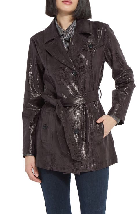 Mavis Snake Embossed Faux Leather Belted Trench Jacket