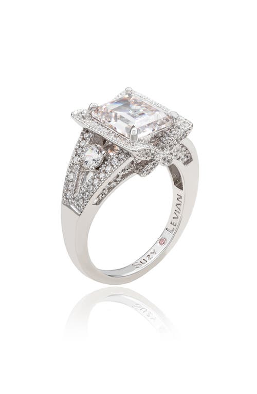 Suzy Levian Sterling Silver White Emerald Cut Cubic Zirconia Pave Engagement Ring In Silver