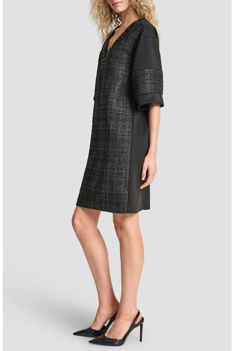 Embellished Neck Mixed Media Shift Dress, Alternate, color, BLACK