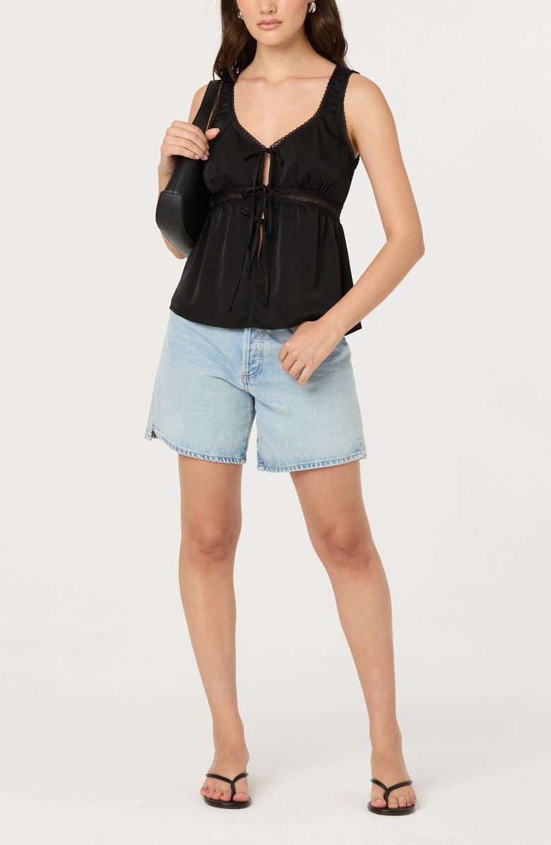 ASTR the Label Tie Front Lace Trim Satin Tank Top, Alternate, color, Black