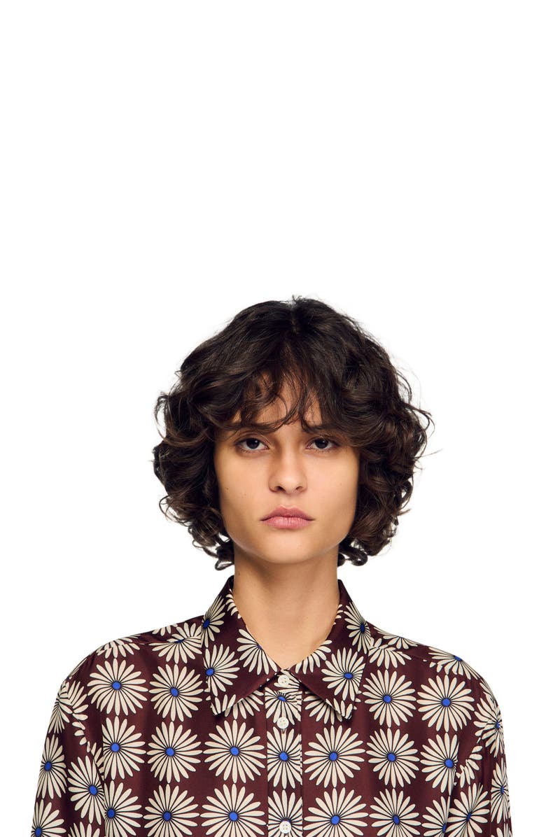 SANDRO Floral print silk shirt, Alternate, color, Marron / Bleu