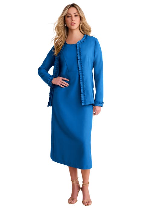 Plus Size Long Sleeve Pleated Jacket Dress Set Elegant 2 Piece Sheath Suit