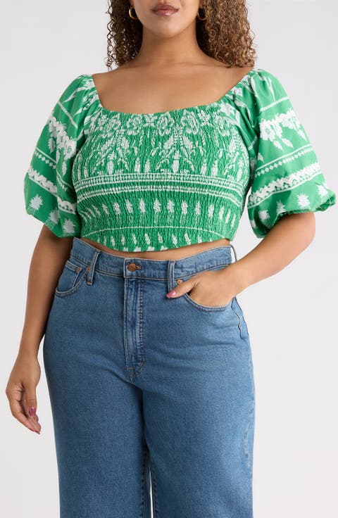Bubble Sleeve Smocked Crop Top (Plus)