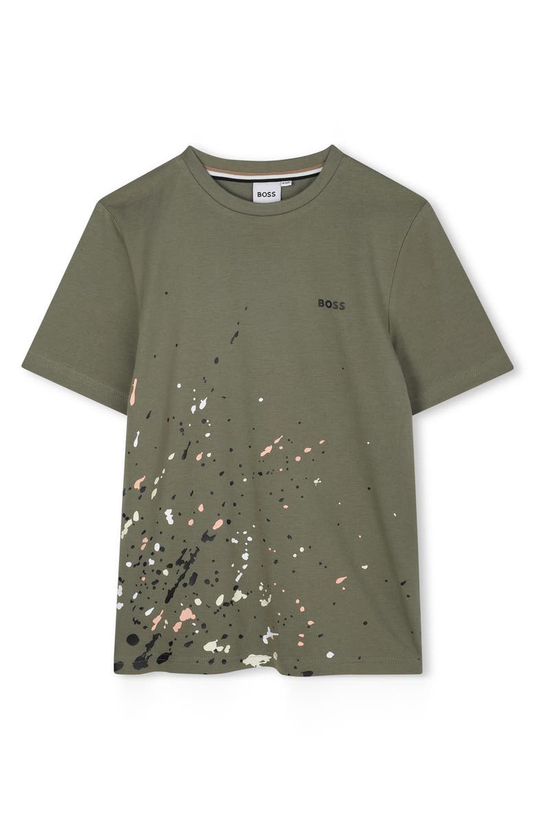 BOSS Kidswear Kids Paint Splatter Cotton T-Shirt, Main, color, Green