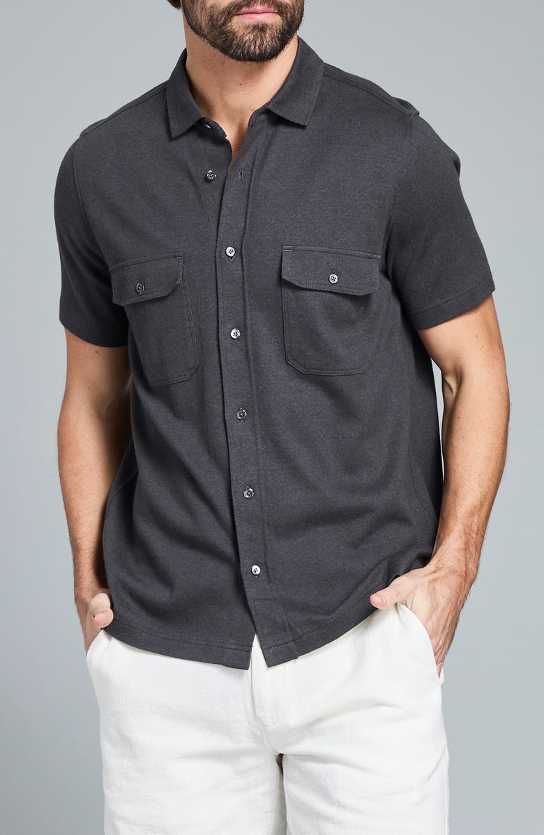 Billy Reid Hemp & Cotton Knit Short Sleeve Button-Up Shirt, Main, color, Asphalt