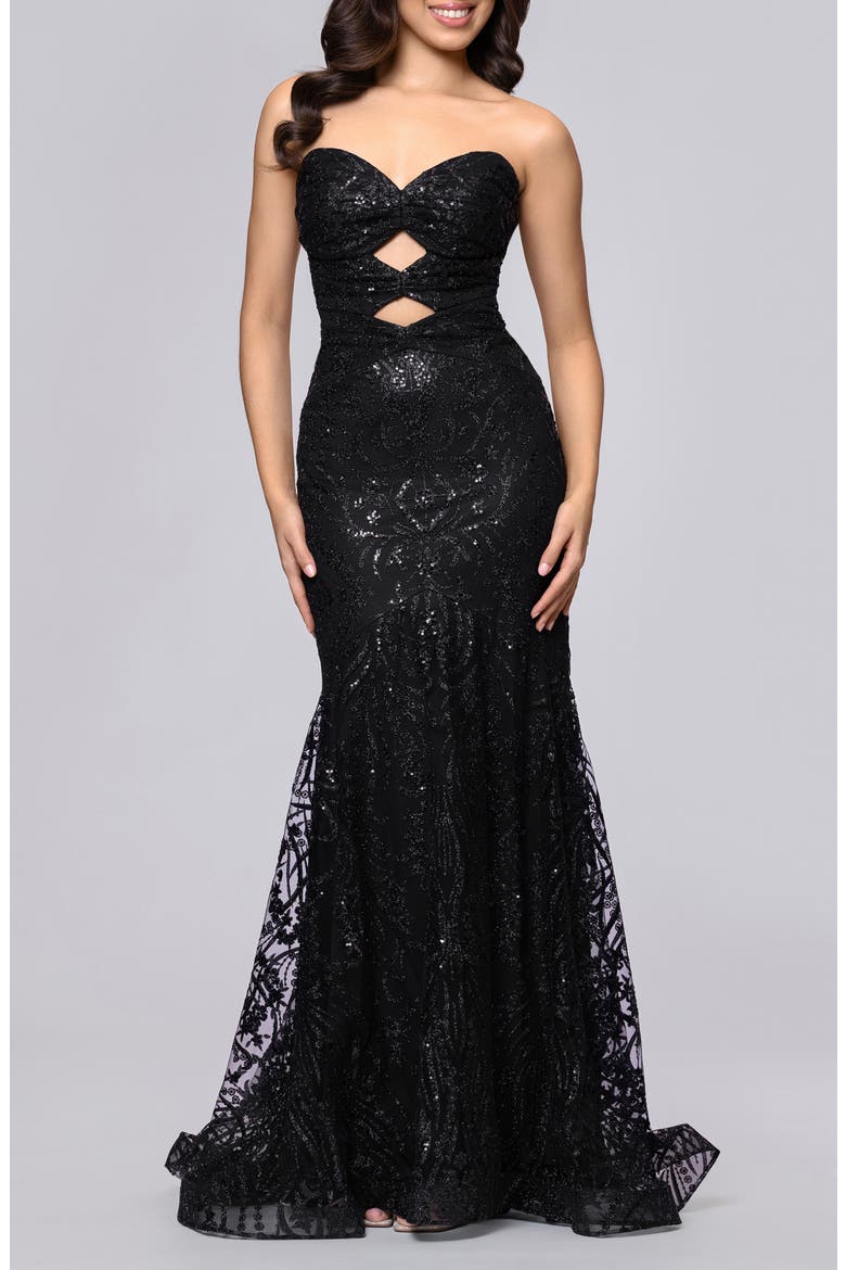 Strapless Glitter Cutout Gown, Main, color, BLACK