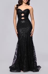 Blondie Nites Strapless Glitter Cutout Gown