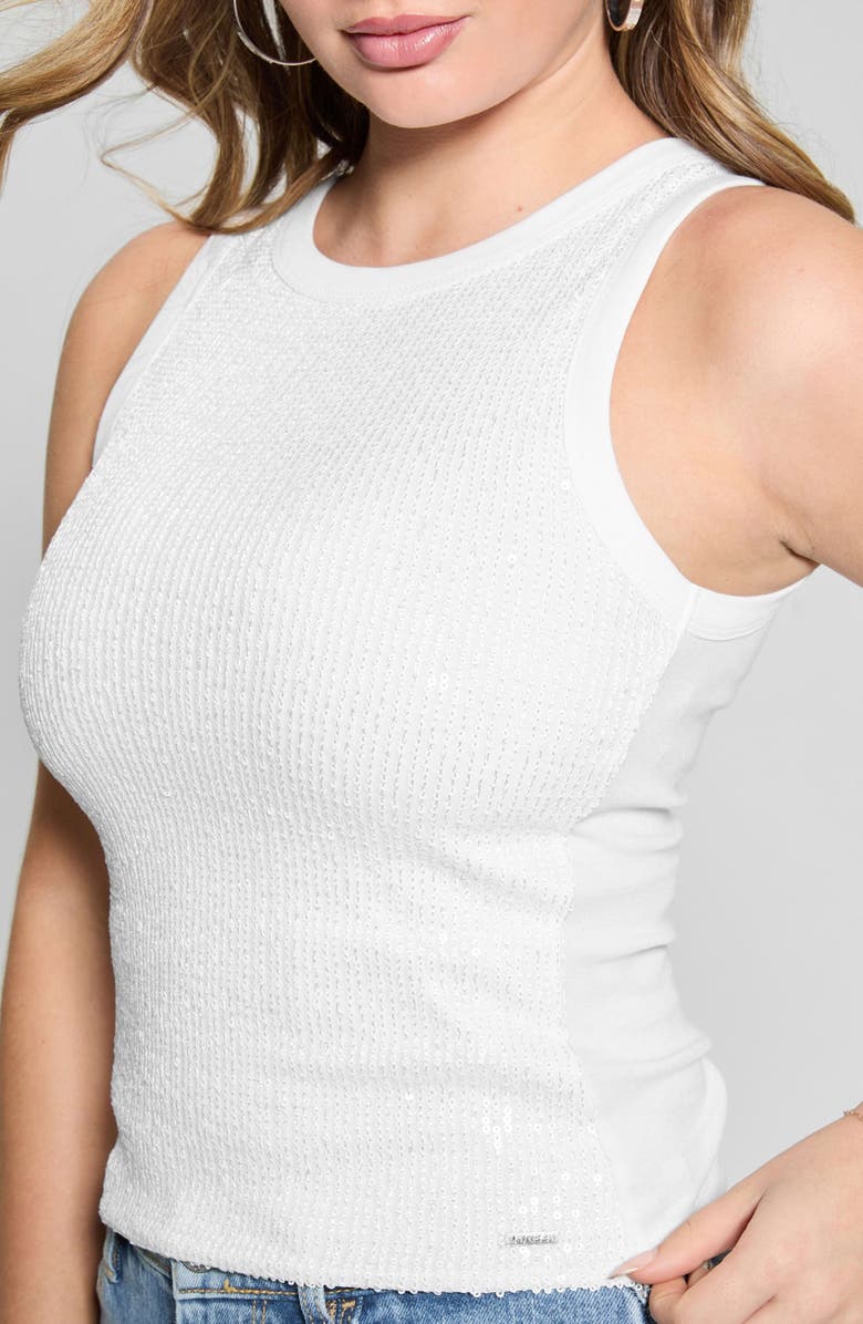 GUESS Alexia Sequin Rib Cotton Tank, Alternate, color, Pure White