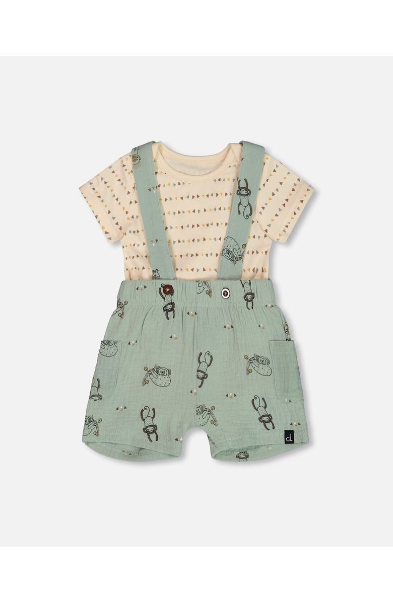 Deux par Deux Baby Boy's Printed Muslin Shortall And Organic Cotton Bodysuit Set Sage Monkey And Off-White, Main, color, 