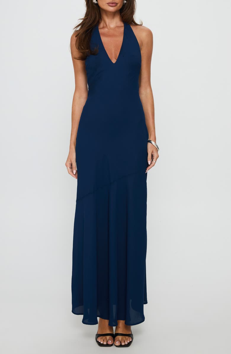 Princess Polly Luannie Halter Chiffon Gown, Main, color, Navy