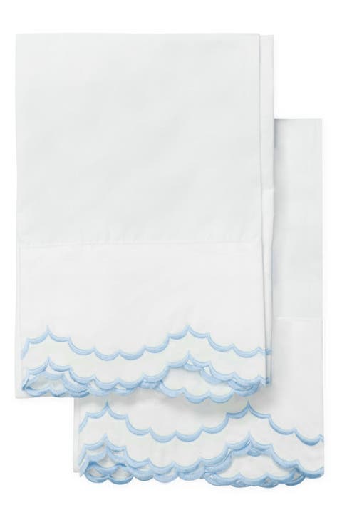 Set of 2 Double Scallop Embroidered 300 Thread Count Cotton Pillowcases