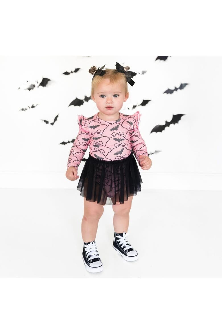 Bat Trellis Printed Halloween Long Sleeve Tutu Bodysuit, Alternate, color, Pink