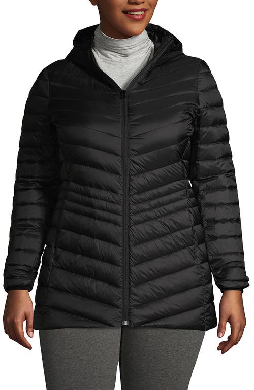 Lands' End Plus Size Wanderweight Packable Down Hooded Long Jacket In Black