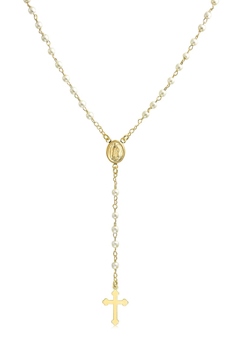 18K Gold Plated Simulated Pearl Rosary Y-Drop Cross Necklace, Main, color, YELLOW